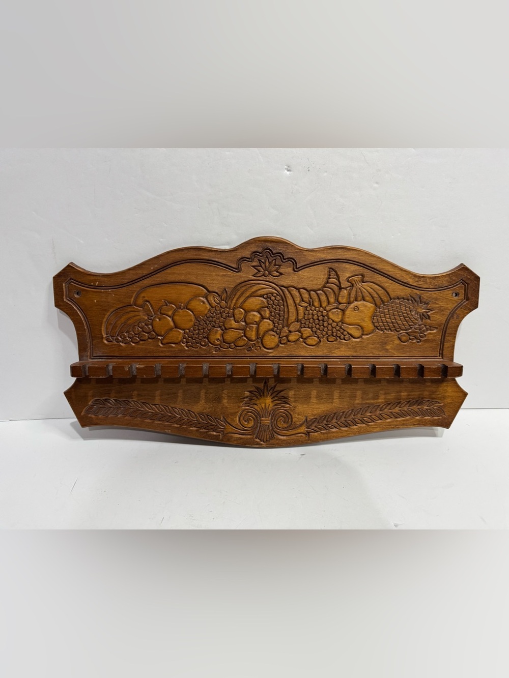 Vintage Mid-Century Carved Wood Wall Spoon Holder - Cornucopia & Harvest Theme